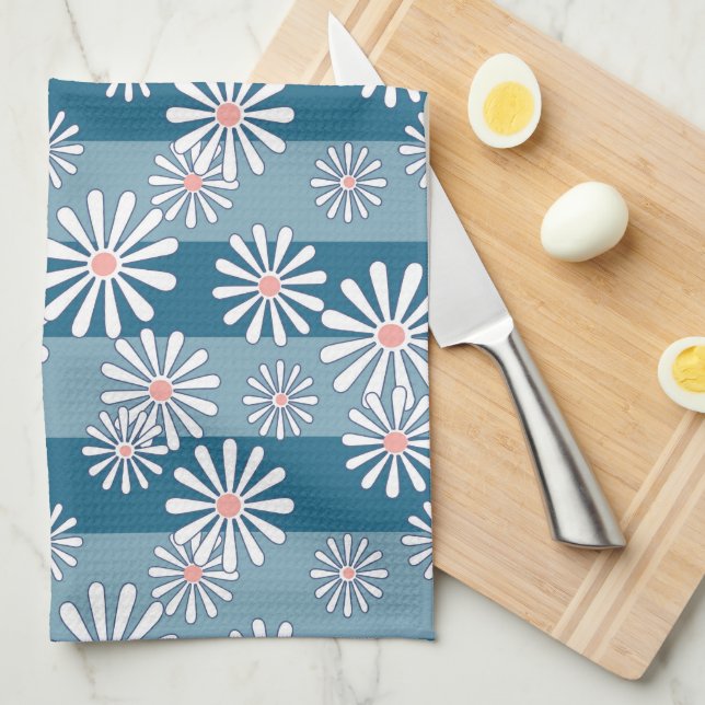 White chamomile flowers on striped blue background kitchen towel (Quarter Fold)