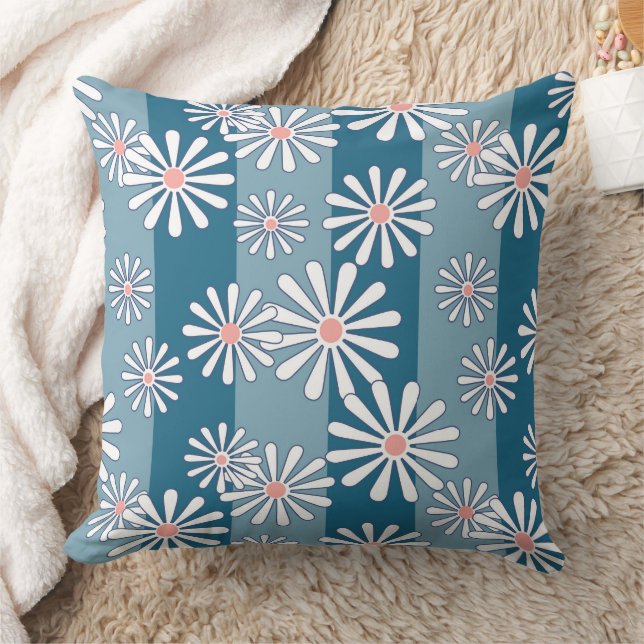 White chamomile flowers on striped blue background throw pillow (Blanket)