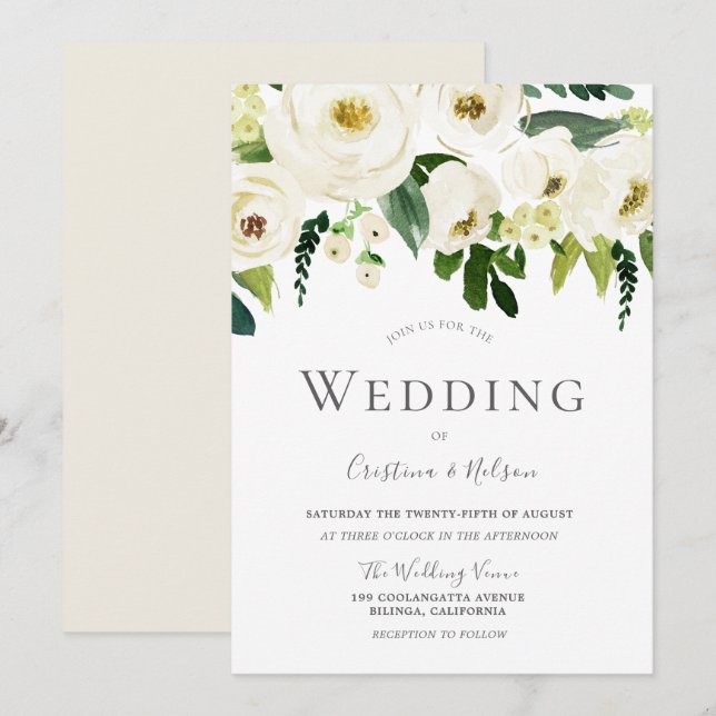 White Champagne Blooming Flowers Wedding Invitation (Front/Back)