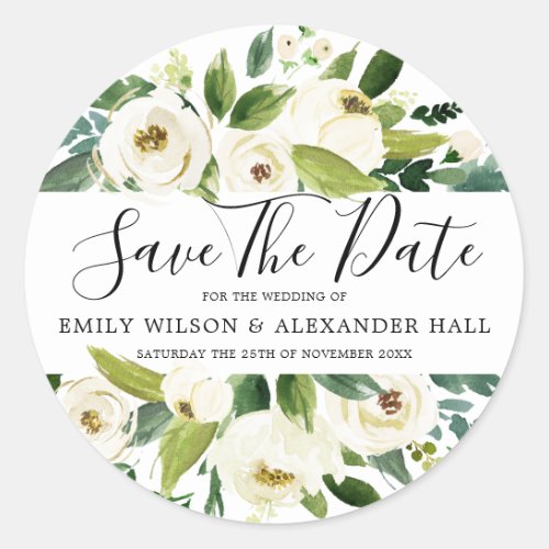 White Champagne Floral Wedding Save The Date Classic Round Sticker