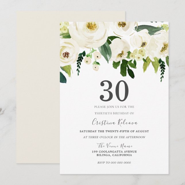 White Champagne Flowers 30th Birthday Party Invitation (Front/Back)