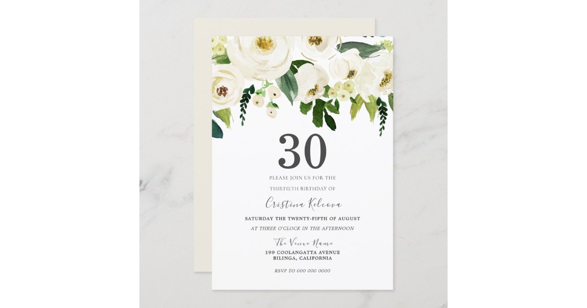 White Champagne Flowers 30th Birthday Party Invitation Zazzle Com