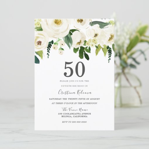 White Champagne Flowers 50th Birthday Party Invitation | Zazzle