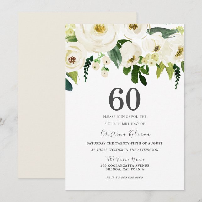 White Champagne Flowers 60th Birthday Party Invitation (Front/Back)