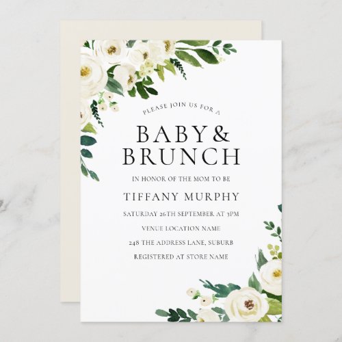 White Champagne Flowers Elegant Baby Shower Brunch Invitation