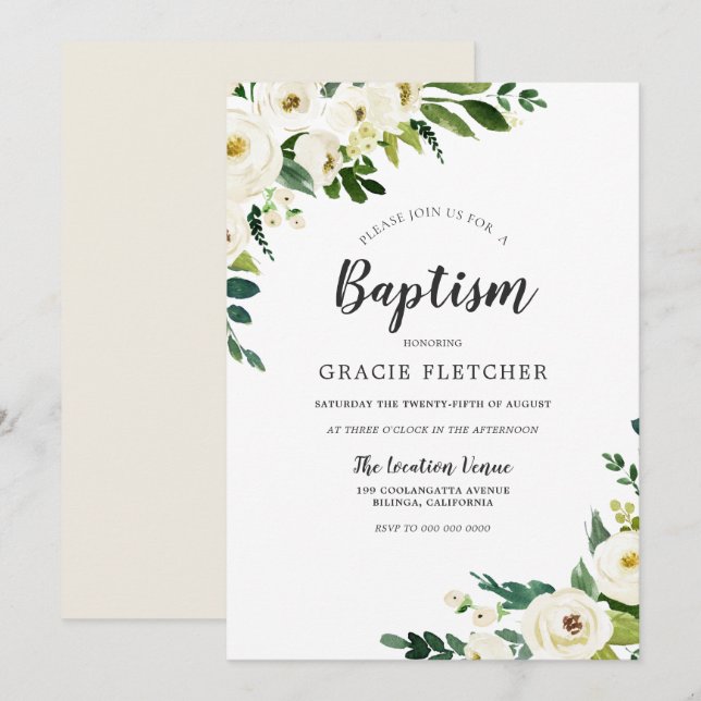 White Champagne Flowers Elegant Baptism Invitation (Front/Back)