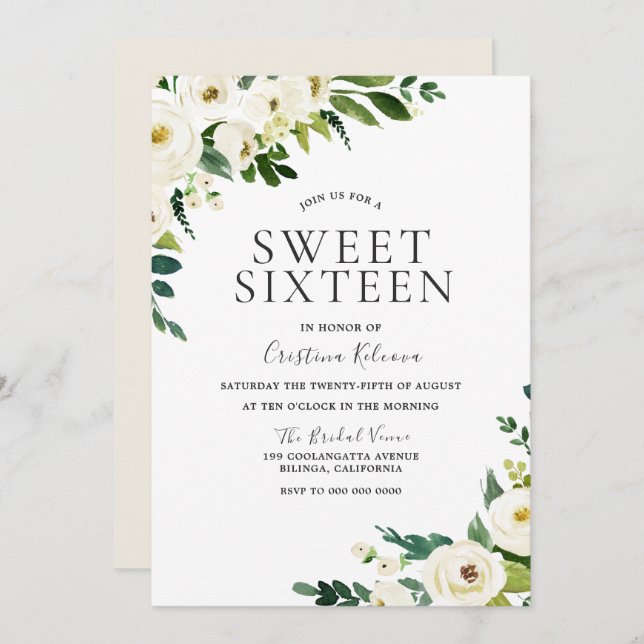 White Champagne Flowers Elegant Sweet 16 Invitation (Front/Back)