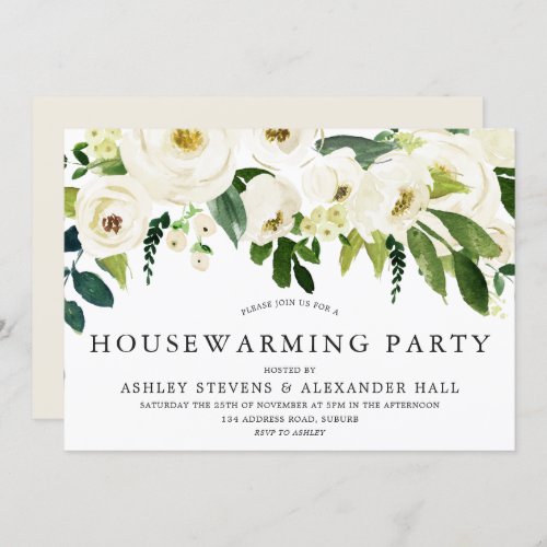 White Champagne Flowers Housewarming party Invitation