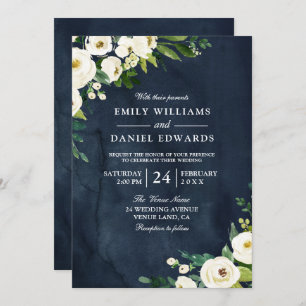 White Champagne Flowers & Navy Wedding Invitation