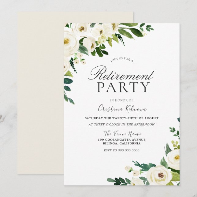 White Champagne Flowers Retirement Party Invitation (Front/Back)