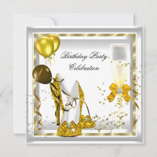 White Champagne Gold Glitter Heels Birthday Party Invitation