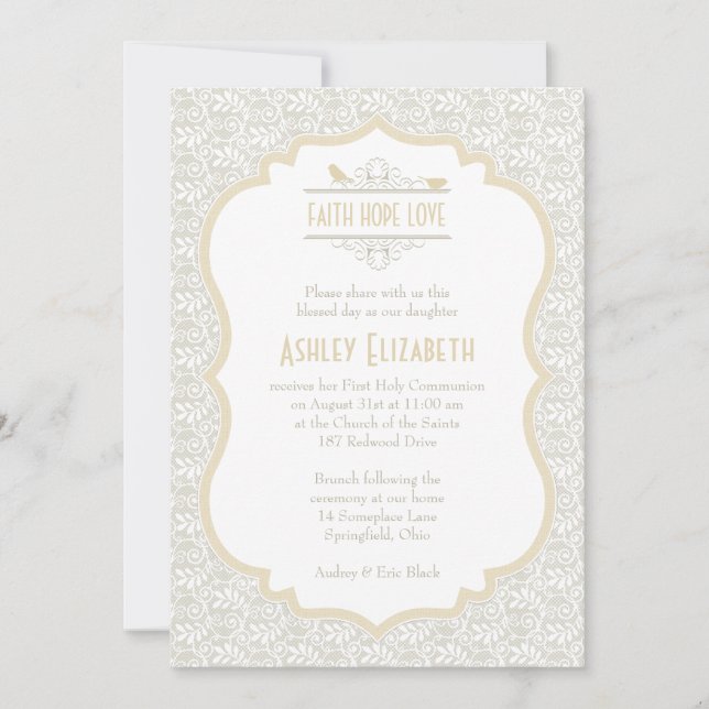 White Champagne Lace First Communion Invitation (Front)