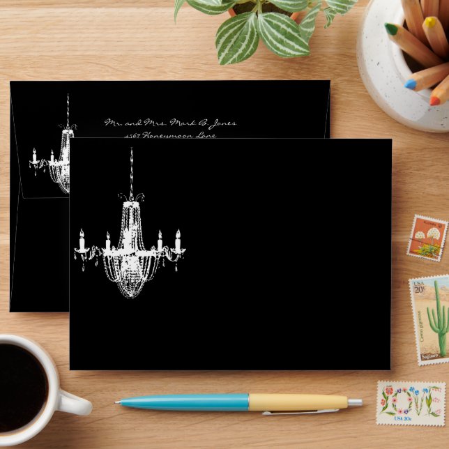 White Chandelier on Black Damask Wedding Envelopes (Desk)