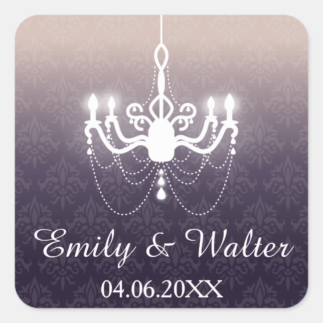 White Chandelier On Purple Custom Wedding Square Sticker (Front)