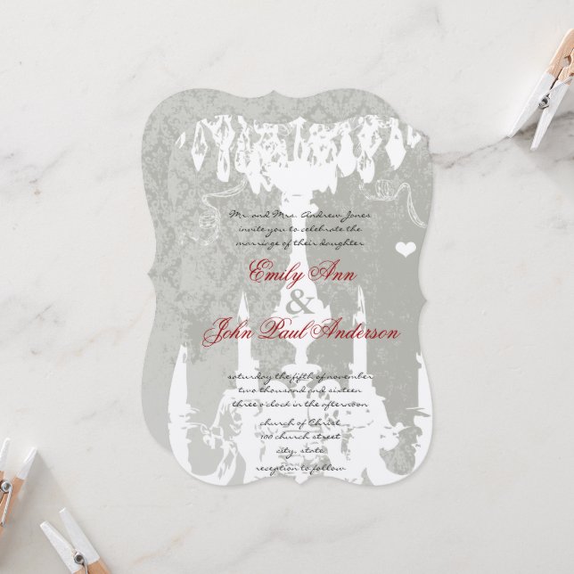 White Chandeliers on Silver Cloud Wedding Invitation (Front/Back In Situ)
