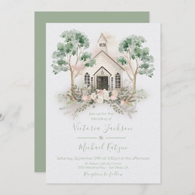White Chapel in the Eucalyptus Wedding invitations (Front/Back)