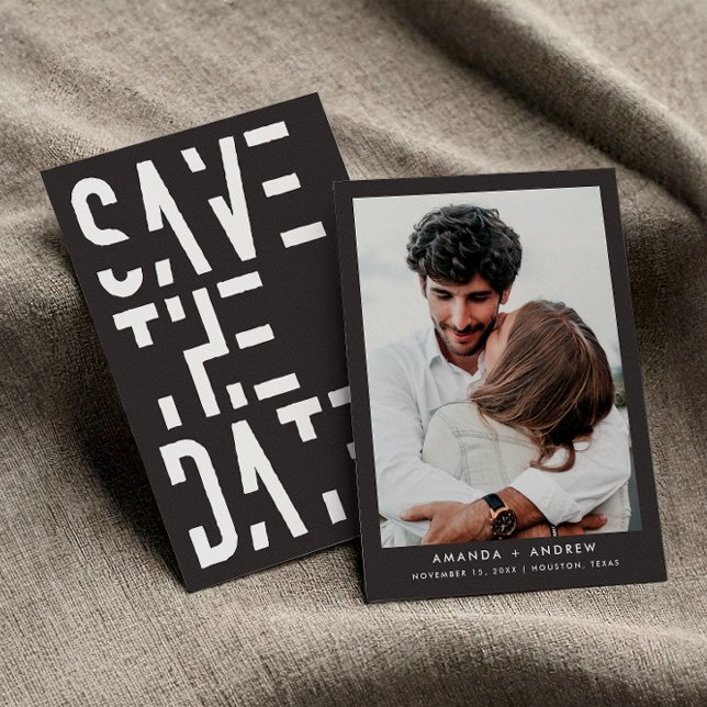 White Charcoal Gray 70s Retro Stripes Wedding Save The Date (Front / Back)