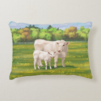 White Charolais Cow & Cute Calf Beef Cattle Accent Pillow