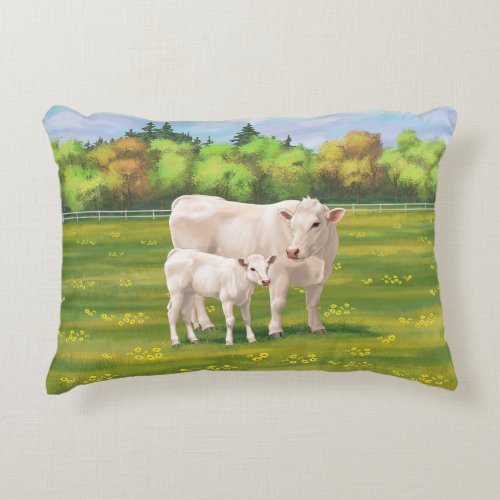 White Charolais Cow  Cute Calf Beef Cattle Accent Pillow