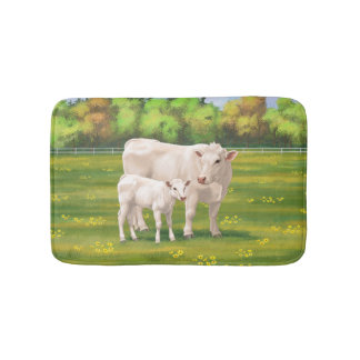 White Charolais Cow & Cute Calf Beef Cattle Bath Mat
