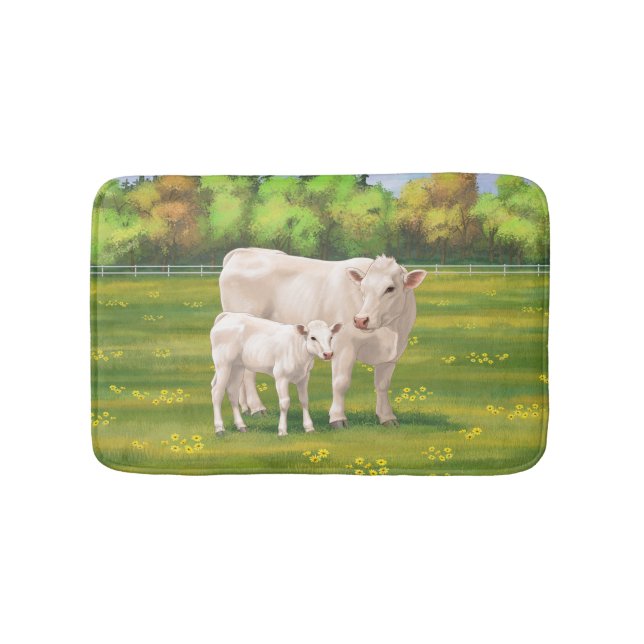 White Charolais Cow & Cute Calf Beef Cattle Bath Mat (Front)