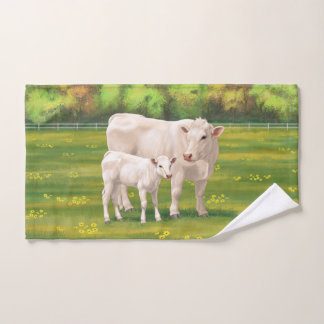 White Charolais Cow & Cute Calf Beef Cattle Bath Towel Set