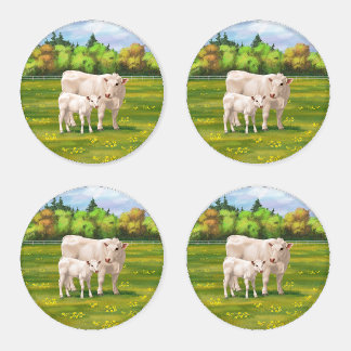 White Charolais Cow & Cute Calf Beef Cattle Coaster Set