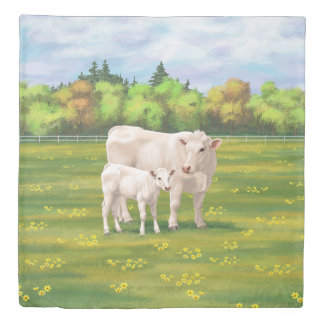 White Charolais Cow & Cute Calf Beef Cattle Duvet Cover