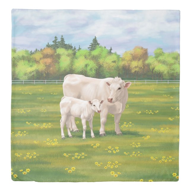 White Charolais Cow & Cute Calf Beef Cattle Duvet Cover (Front)