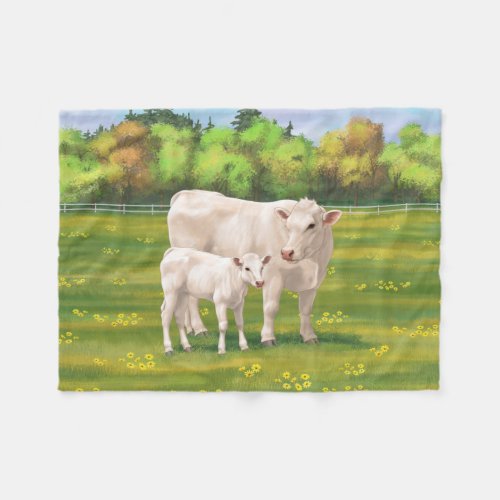 White Charolais Cow  Cute Calf Beef Cattle Fleece Blanket