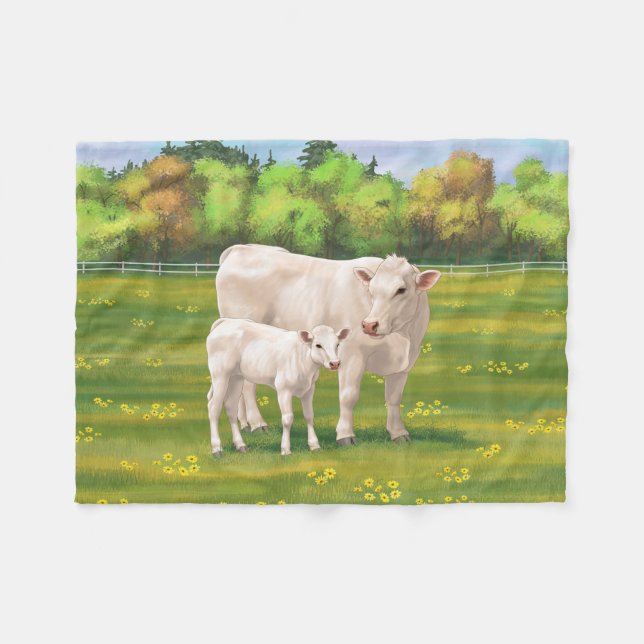 White Charolais Cow & Cute Calf Beef Cattle Fleece Blanket (Front (Horizontal))