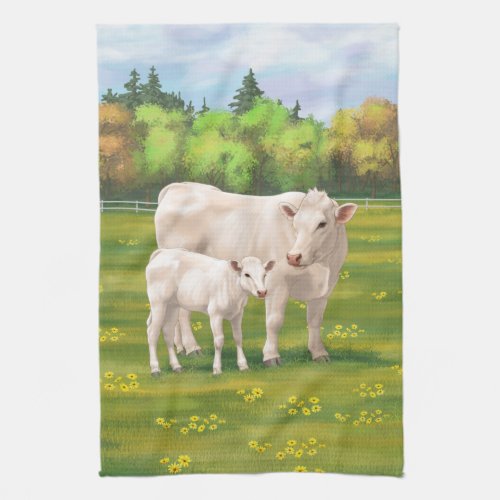 White Charolais Cow  Cute Calf Beef Cattle Kitchen Towel