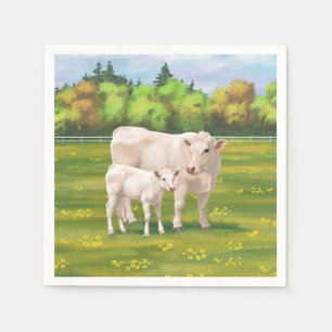 White Charolais Cow & Cute Calf Beef Cattle Napkins