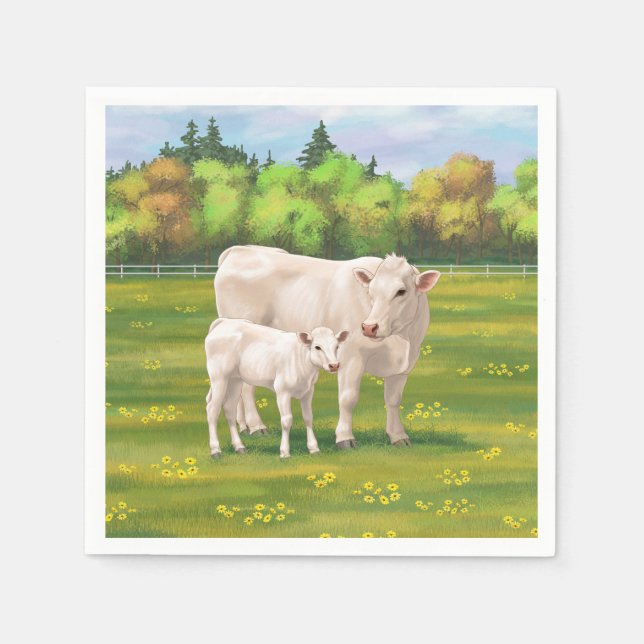 White Charolais Cow & Cute Calf Beef Cattle Napkins (Front)