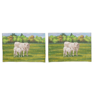 White Charolais Cow & Cute Calf Beef Cattle Pillow Case