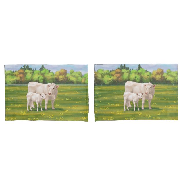 White Charolais Cow & Cute Calf Beef Cattle Pillow Case (Front-Set)