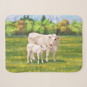 White Charolais Cow & Cute Calf Beef Cattle Sherpa Blanket