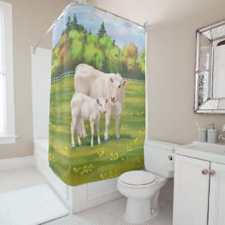 White Charolais Cow & Cute Calf Beef Cattle Shower Curtain
