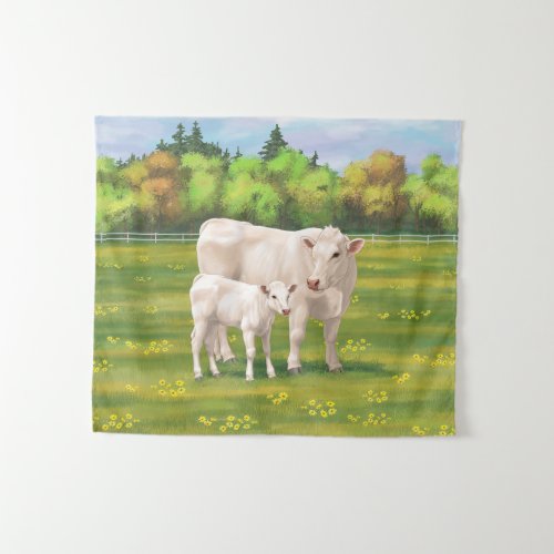 White Charolais Cow  Cute Calf Beef Cattle Tapestry