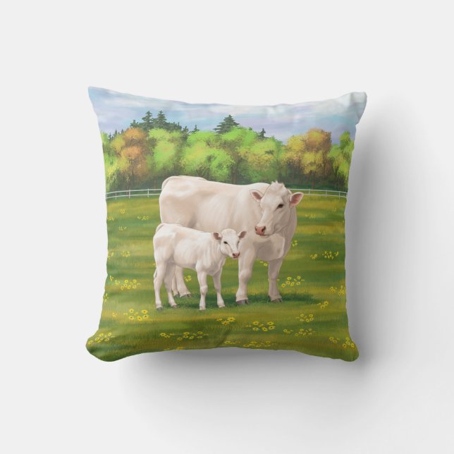 White Charolais Cow & Cute Calf Beef Cattle Throw Pillow (Front)