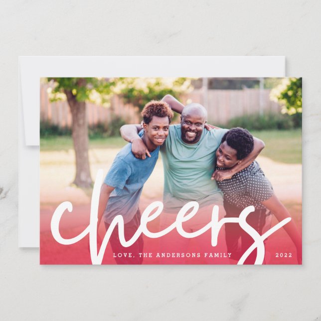 White CHEERS | Red Gradient Merry Christmas Photo Holiday Card (Front)