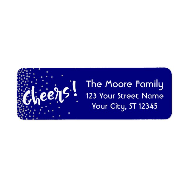 White "Cheers!" w/ Silver Confetti Over Navy Label (Front)