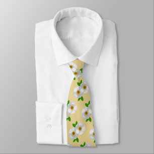 White Cherokee Rose Pattern on Soft Yellow Neck Tie