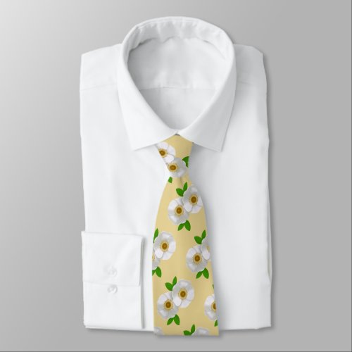White Cherokee Rose Pattern on Soft Yellow Neck Tie