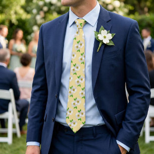White Cherokee Rose Pattern on Soft Yellow Neck Tie