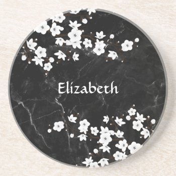 White Cherry Blossom Black Marble Monogram   Coaster by NinaBaydur at Zazzle