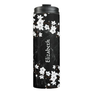 White Cherry Blossom Black Marble Monogram  Thermal Tumbler