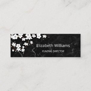 White Cherry Blossom Black Marble QR Code Mini Business Card