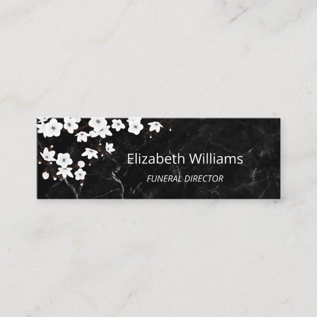  White Cherry Blossom Black Marble QR Code Mini Business Card (Front)