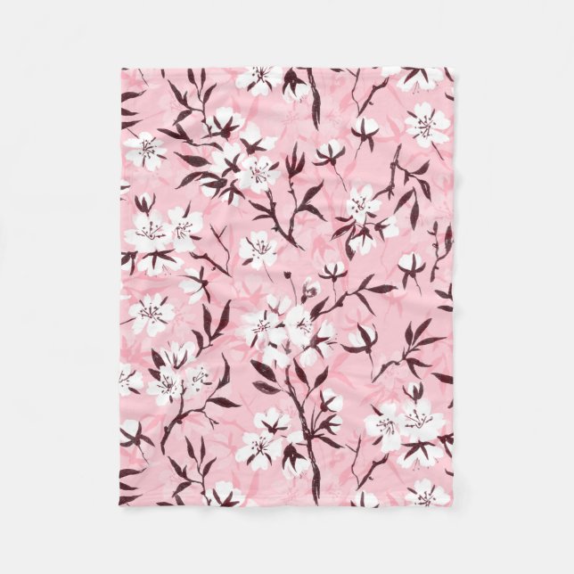 White cherry blossom fleece blanket (Front)